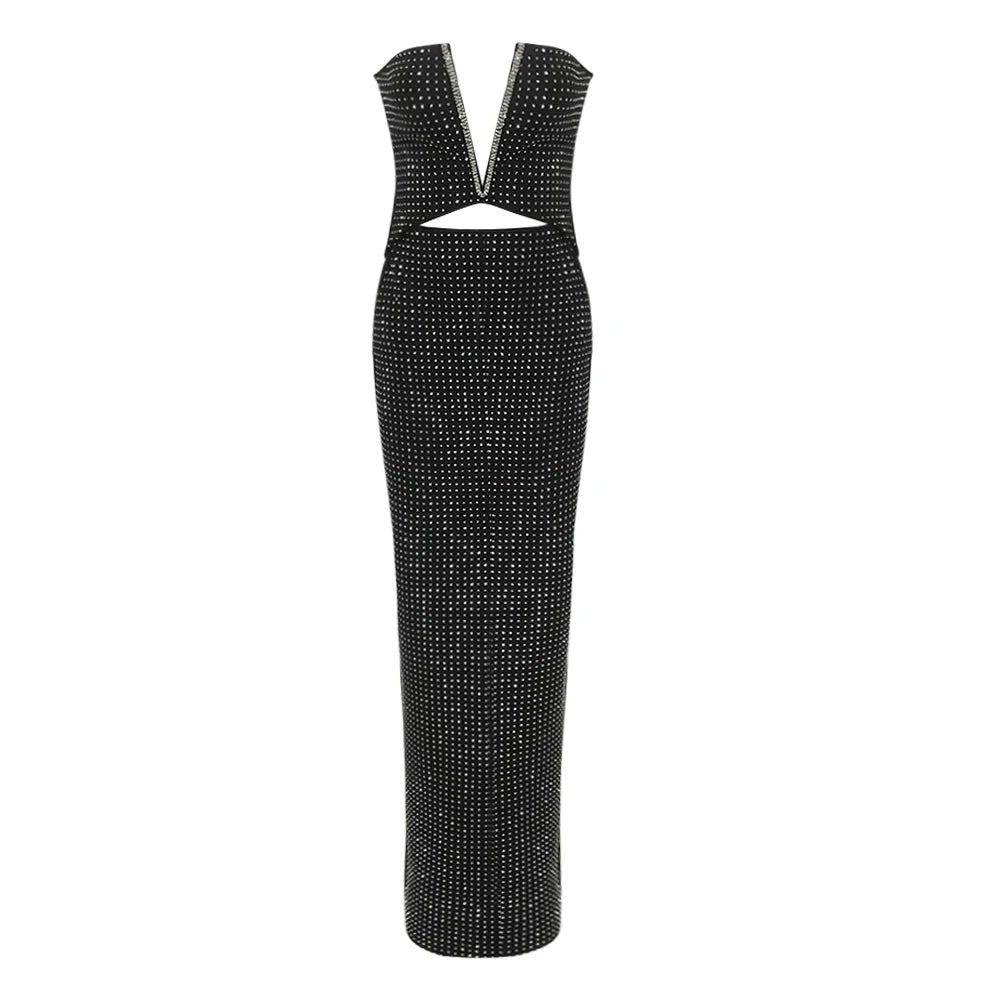 Strapless V Neck Sparkling Diamonds Bandage Long Dress Women Black Sleeveless Backless Shiny Bodycon Celebrity Evening Gowns black