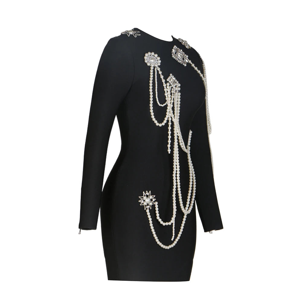 2024 New Spring Women Long Sleeve O-Neck Pearl Beading Bodycon Mini Dress Bandge Fashion Elegant Evening Party Dress Vestido