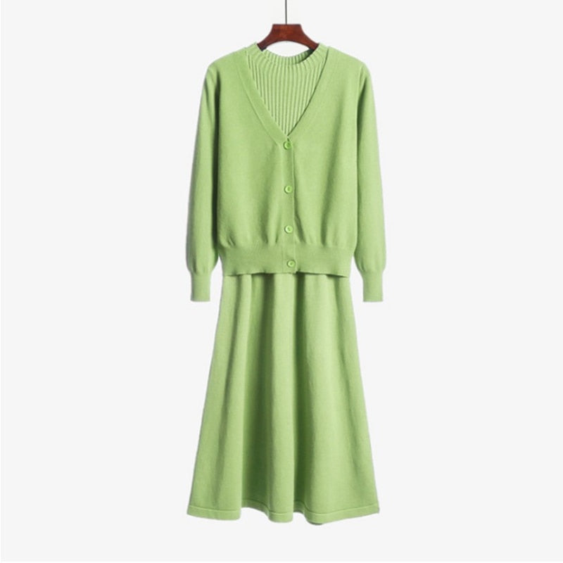 Women's Sweater Sets 2024 Autumn Winter V Neck Knitted Cardigan Coat Tops Long Dresses 2 Piece Sets Women Outfit Female Clothing Green One Size