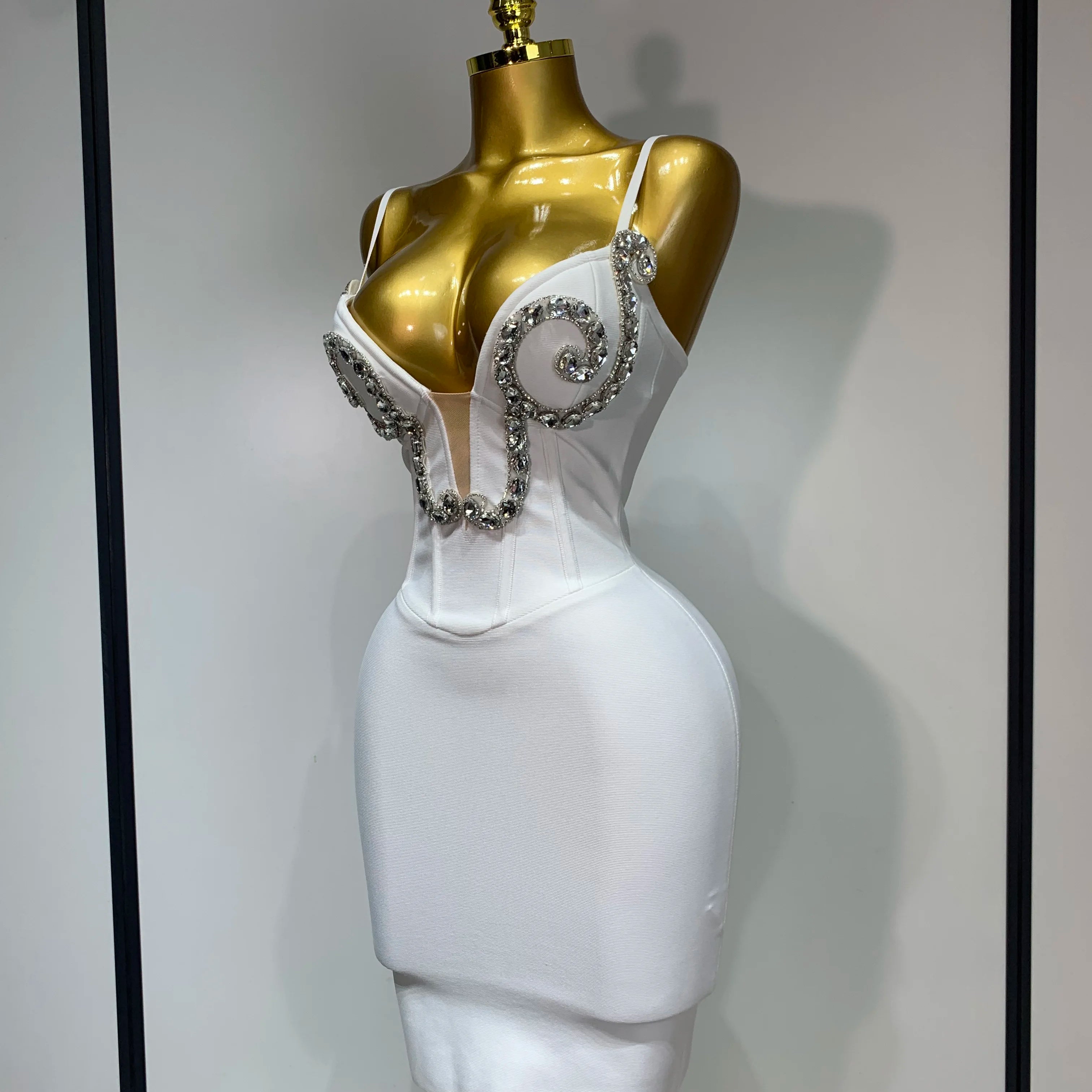 Women Sexy Spaghetti Strap V Neck Crystal Sleeveless Bandage Dress White Elegant Evening Party Cocktail Luxury Birthday Gowns