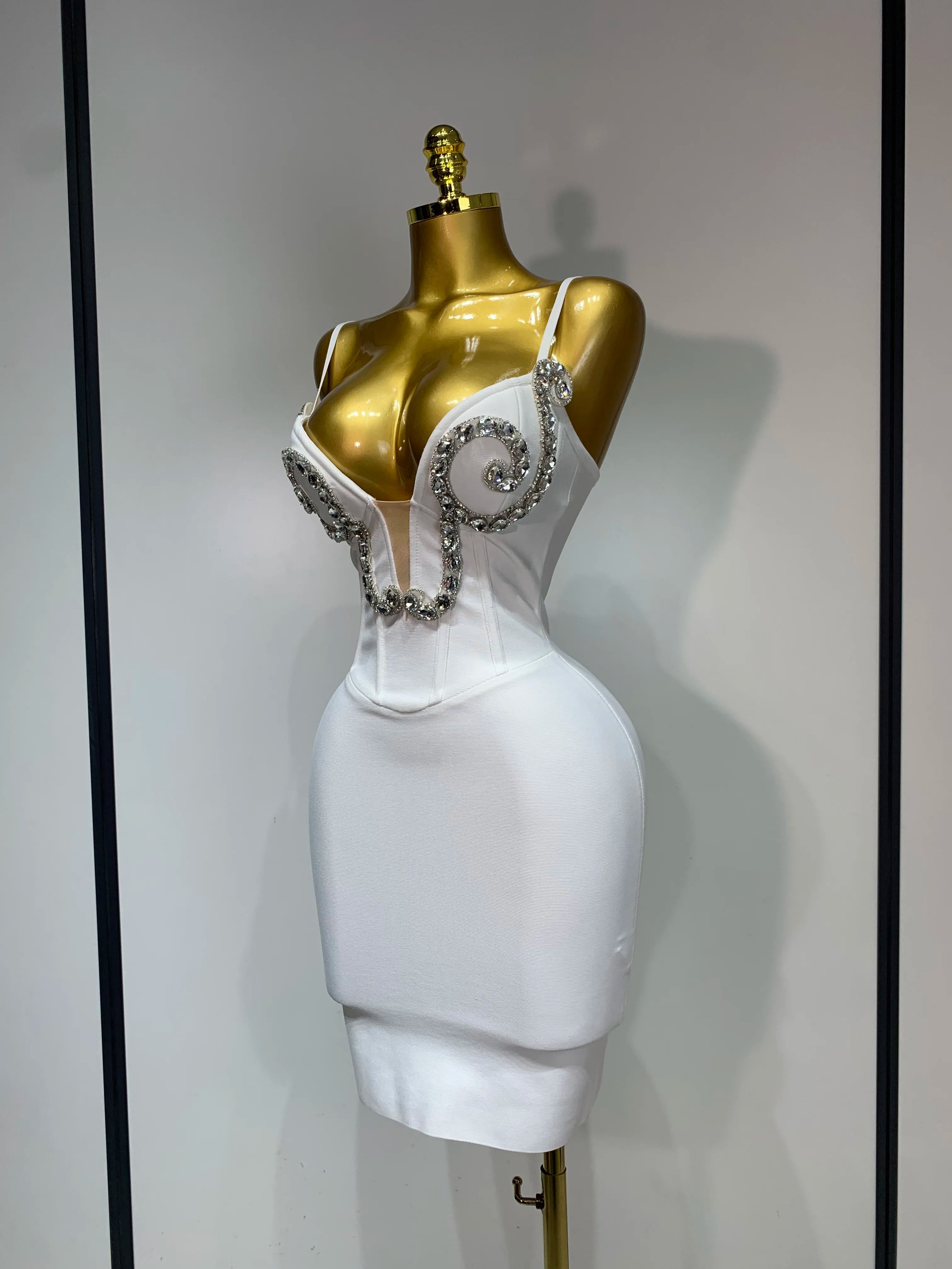 Women Sexy Spaghetti Strap V Neck Crystal Sleeveless Bandage Dress White Elegant Evening Party Cocktail Luxury Birthday Gowns