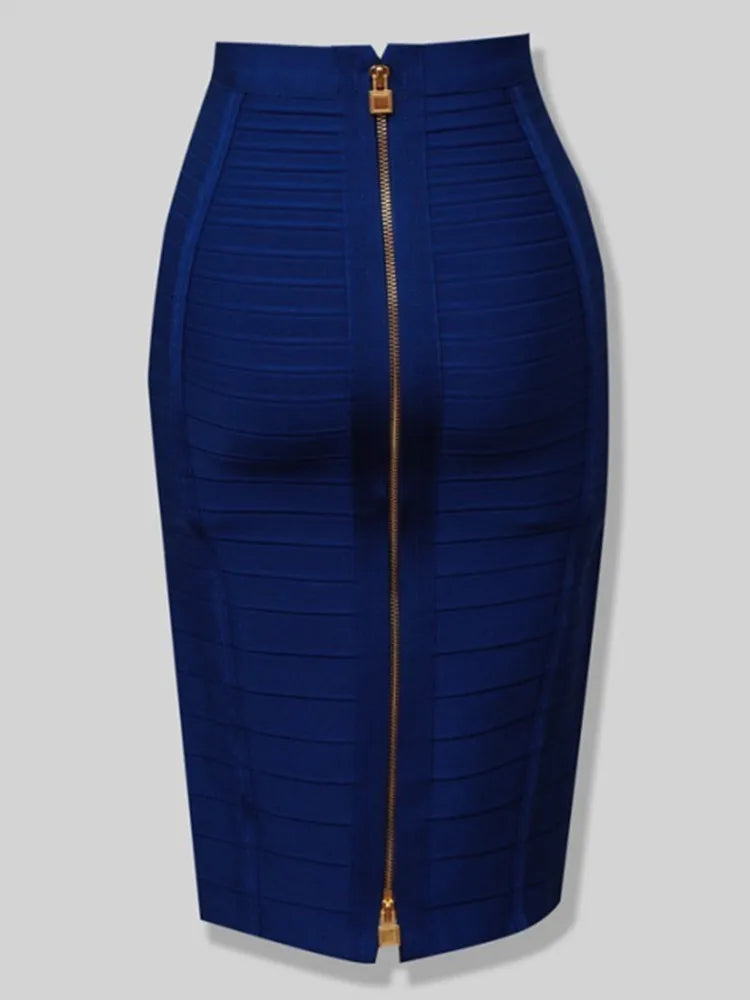 13 Colors Plus Size XL XXL 58cm Women Sexy Zipper Black Blue Orange Red Rayon Bandage Skirt Designer A Line Skirt Faldas Blue