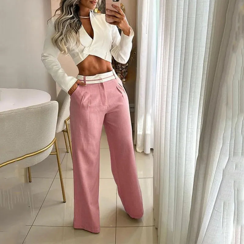 Women Two Piece Set Fashion Solid Long Sleeve Lapel V Neck High Single Button Short Top Loose With Pockets Pants Sets Pink