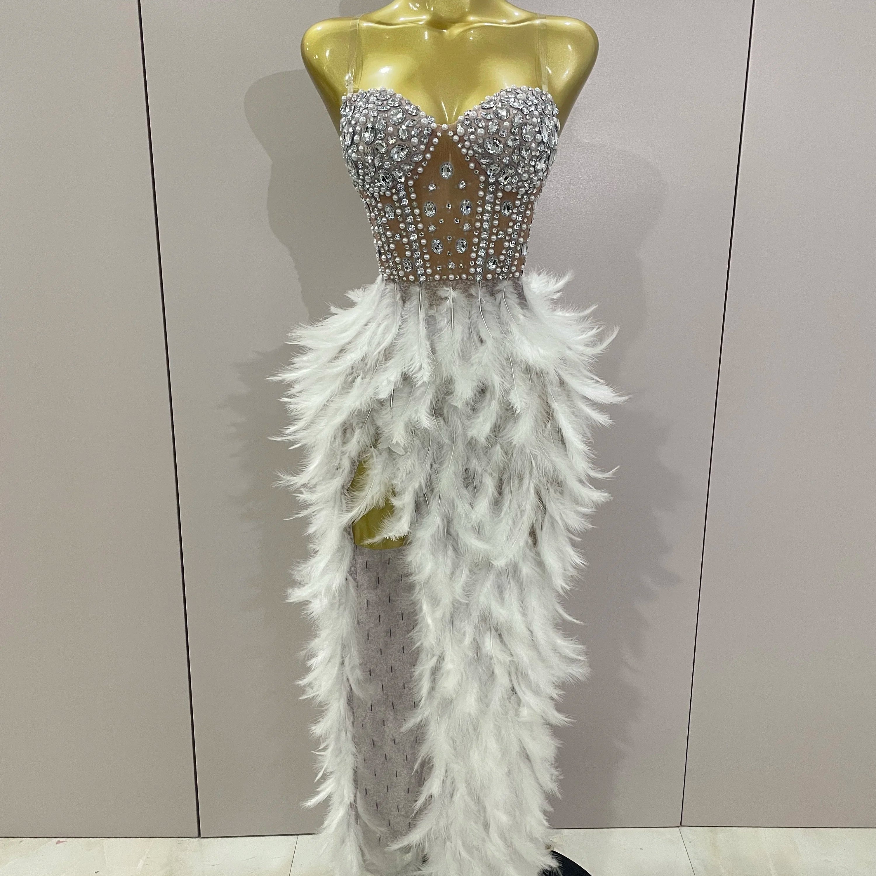 2025 Luxury Sparkle Rhinestone White Feather Sexy Mesh Long Dress Women Evening Party Birthday Performance Photoshoot Costume Silver