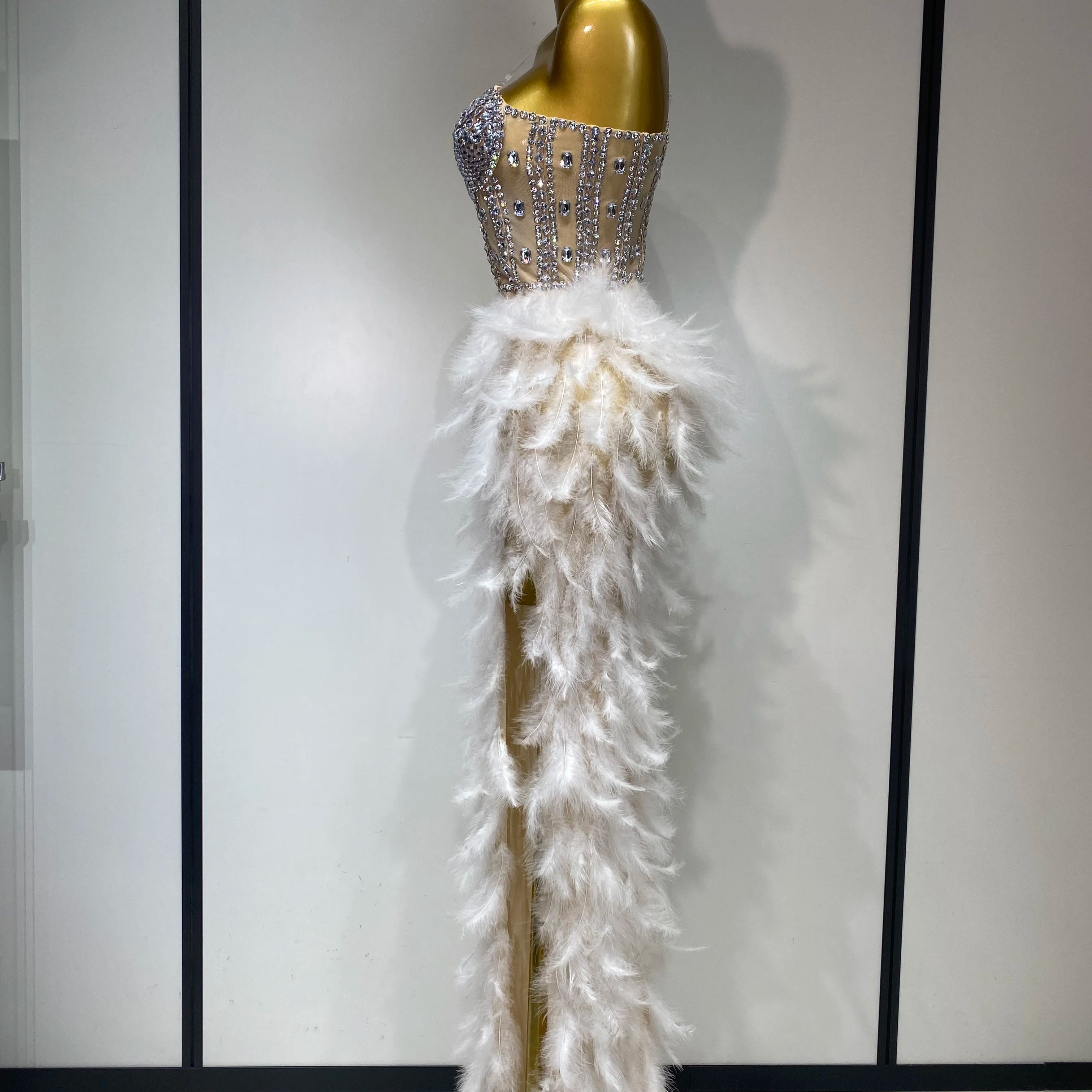 Women Sexy Sparkly Rhinestone Feather Mesh Long Dress Elegant Evening Party Celebrate Luxury Birthday Singer Stage Costume