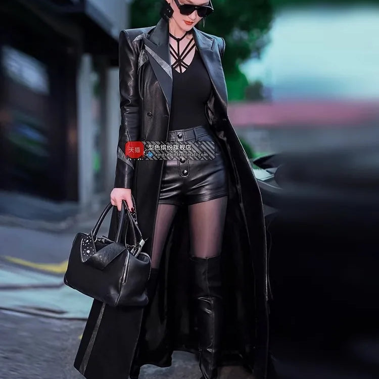 Lautaro Spring Autumn Long Fitted Black Patchwork Pu Leather Coat Women Double Breasted Elegant Chic Luxury Designer Clothing