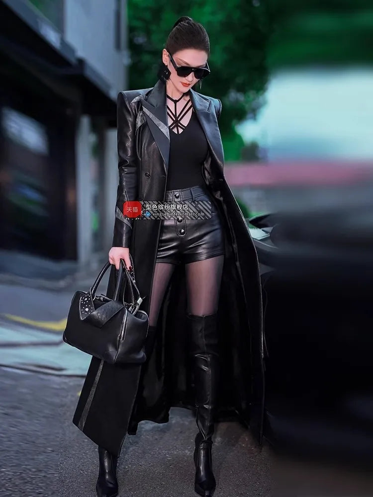 Lautaro Spring Autumn Long Fitted Black Patchwork Pu Leather Coat Women Double Breasted Elegant Chic Luxury Designer Clothing