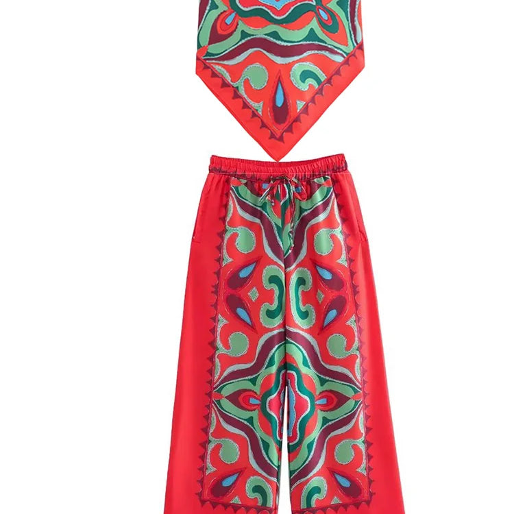 BlingBlingee Summer Printed Women Wide Pants Satin Suits Traf Asymmetric Sleeveless Strapless Crop Top Female Sets Y2K Camis-Pants Sets 1