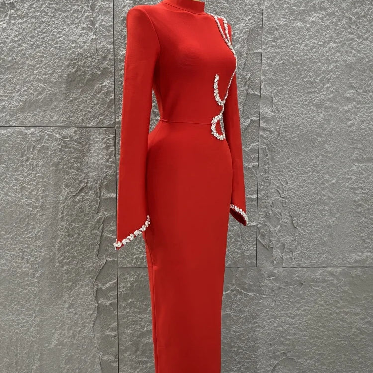 Black Red Women Long Sleeve Shinning Crystal Bodycon Long Bandage Dress Elegant Evening Party Cocktail Outfit Vestido