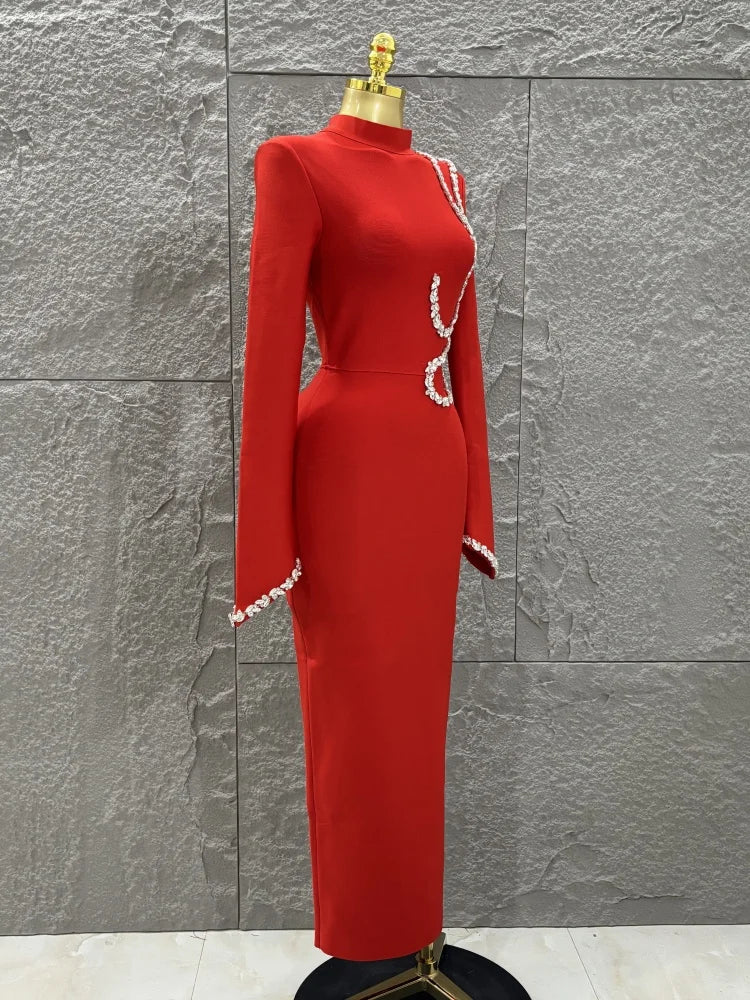 Black Red Women Long Sleeve Shinning Crystal Bodycon Long Bandage Dress Elegant Evening Party Cocktail Outfit Vestido
