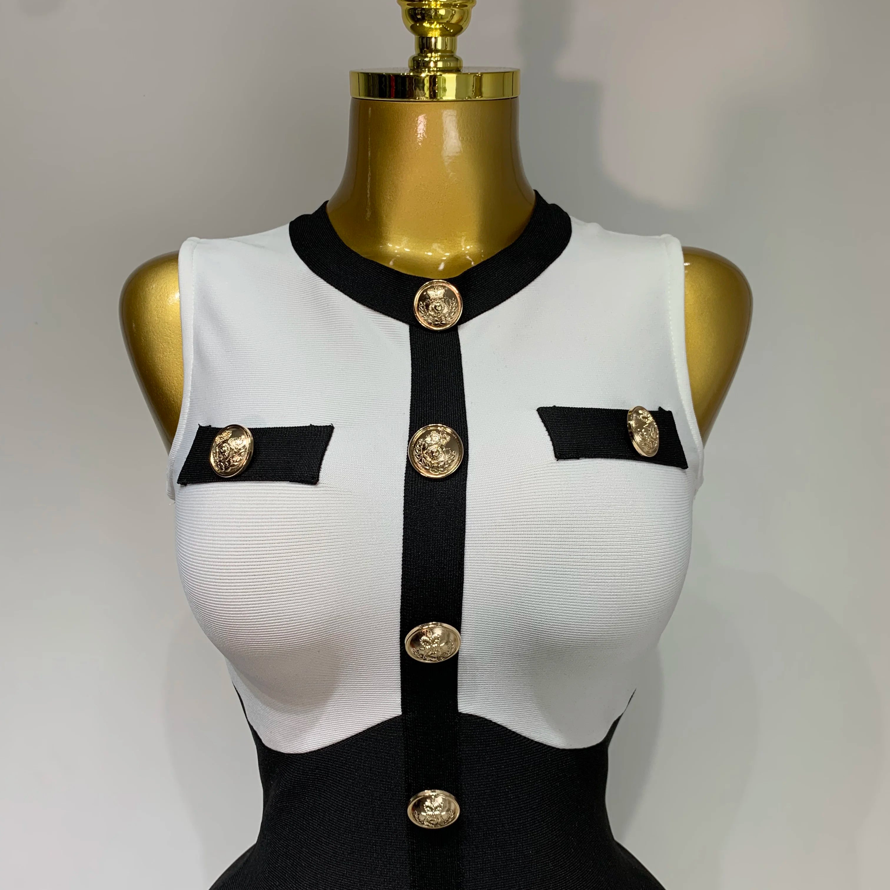 2025 New Arrivals Fashionable Women Bandage Golden Buttons White Black Patchwork Sleeveless Bodycon Elegant Party Dresses