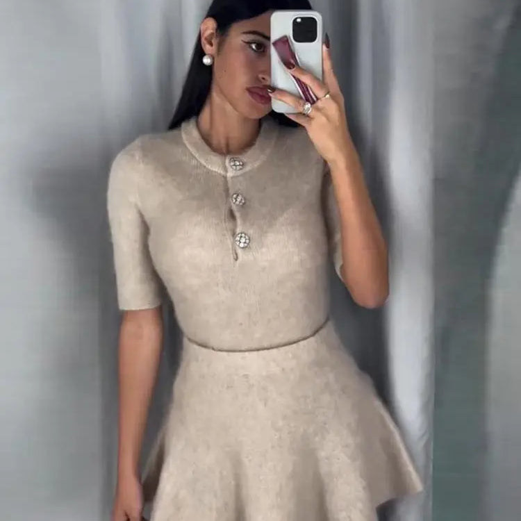 Women Fashion Wool Half Sleeve Slim Skirts Suits Female Button Knit Top Suit New Lady Commute Casual Knitted Outfits