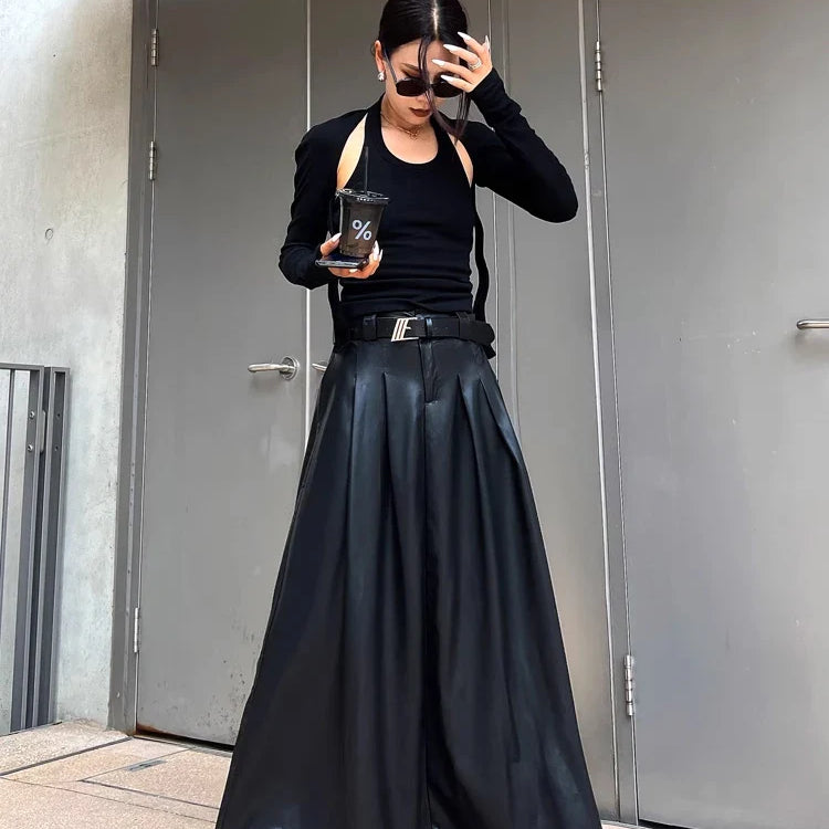 Spring Autumn Luxury Long Pleated Black Soft Pu Leather Maxi Skirt Women High Elastic Waist Korean Style Clothes 2023