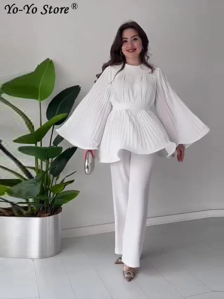 Loose Pleated Top Pants Women Belt Suit Elegant O-neck Long Batwing Sleeve Big Swing Top Wide Leg Pant 2 Piece Sets Outfit