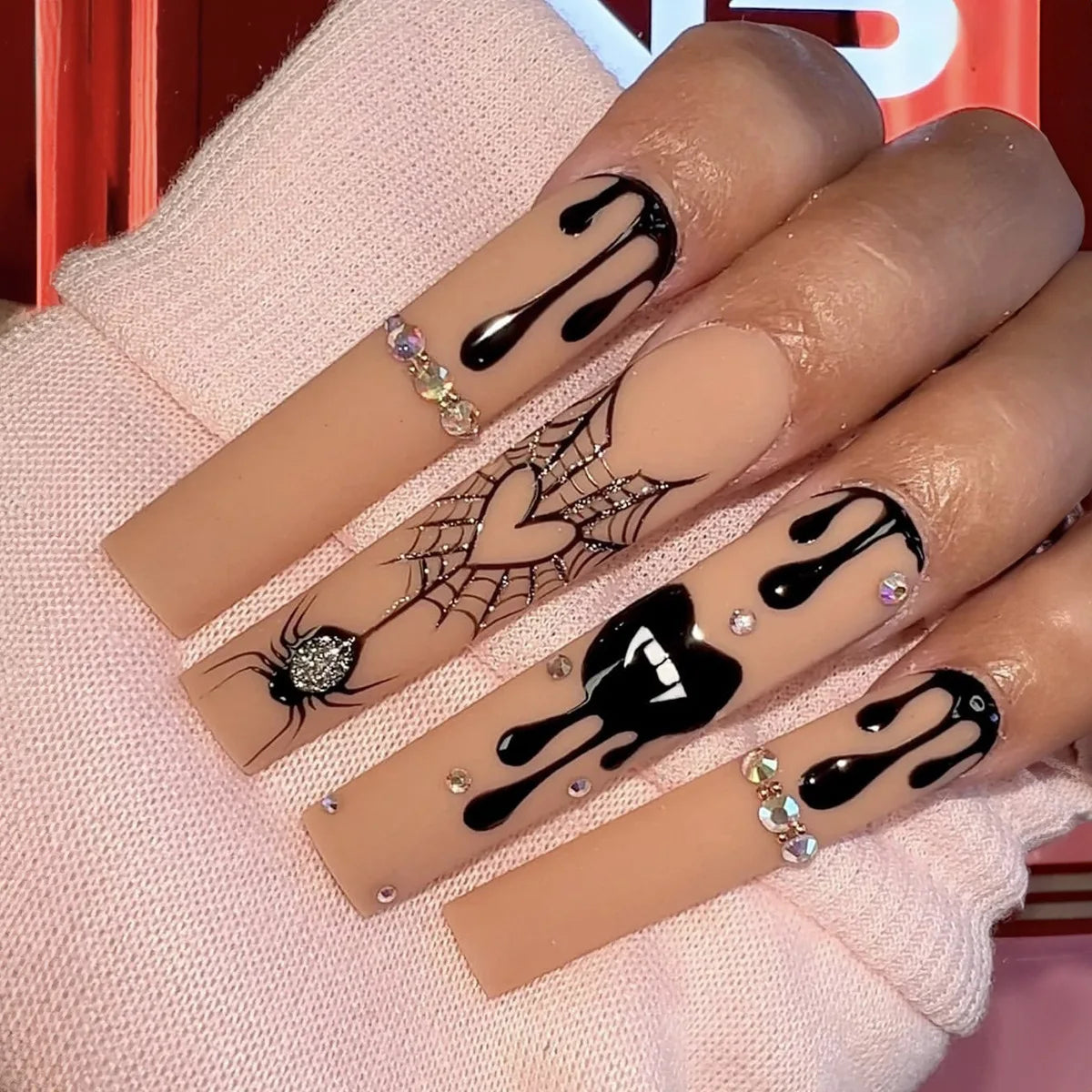 24pcs Scary Blood Skull Fake Nails Long Coffin Ballet Halloween Spider Web Print False Nails Wearable European Press on Nails 4