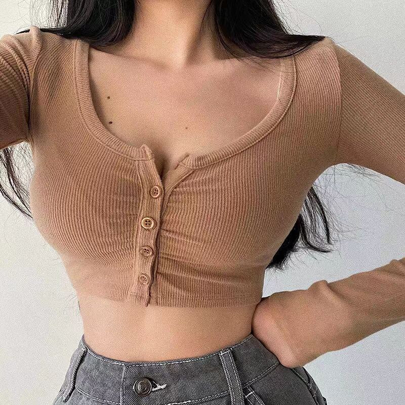 Xpqbb White Long Sleeve Crop Top Women Y2K Sexy Skinny Night Club Short T-Shirt Female 2024 Summer Thin Button Knitted Blouse Khaki