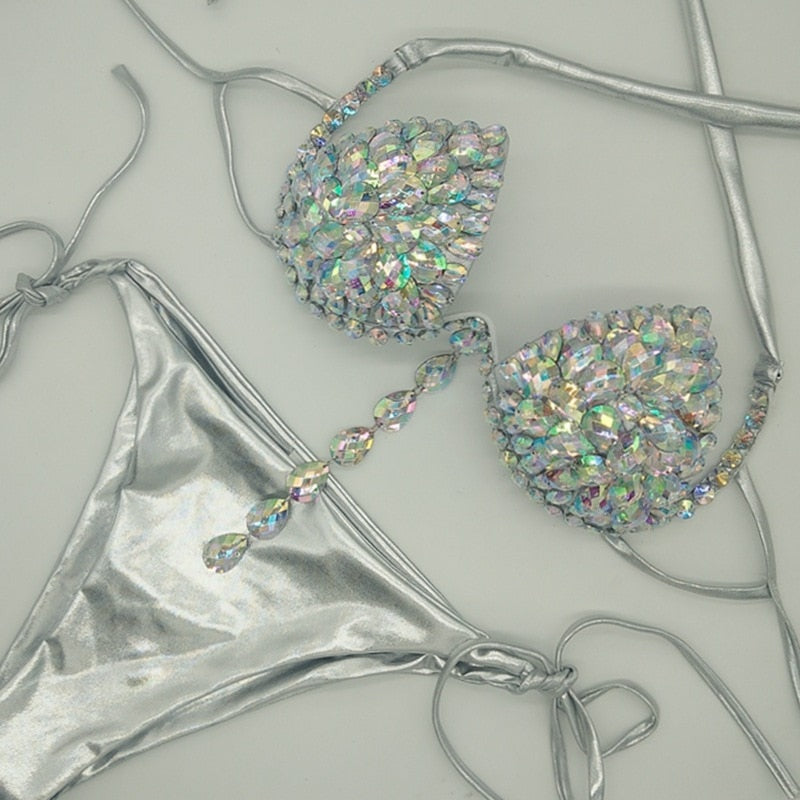 Underwear Sexy Push Up Lingerie Set For Lady 2024 Summer Fashion Shiny Crystal Padded Underwire Party Bras And Thong Set