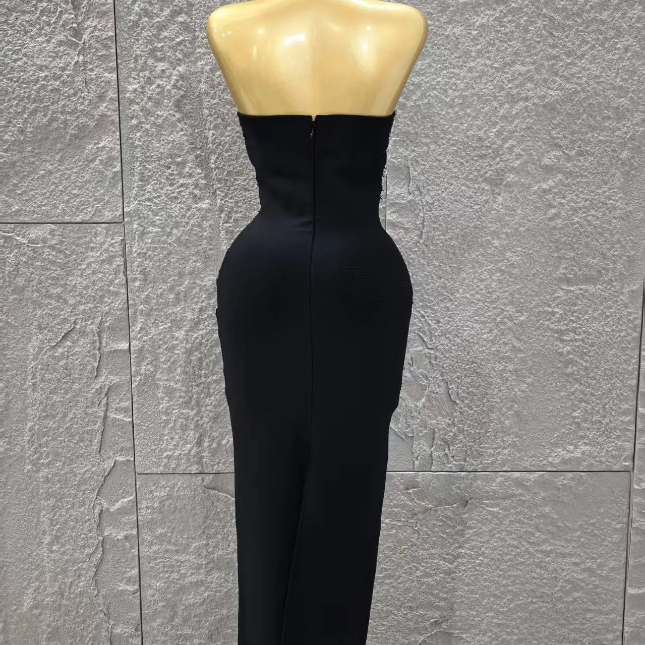 Black Color Women Sexy Strapless Shinning Crystal Mesh Holes Bodycon Bandage Long Dress Celebrate Evening Party Outfit