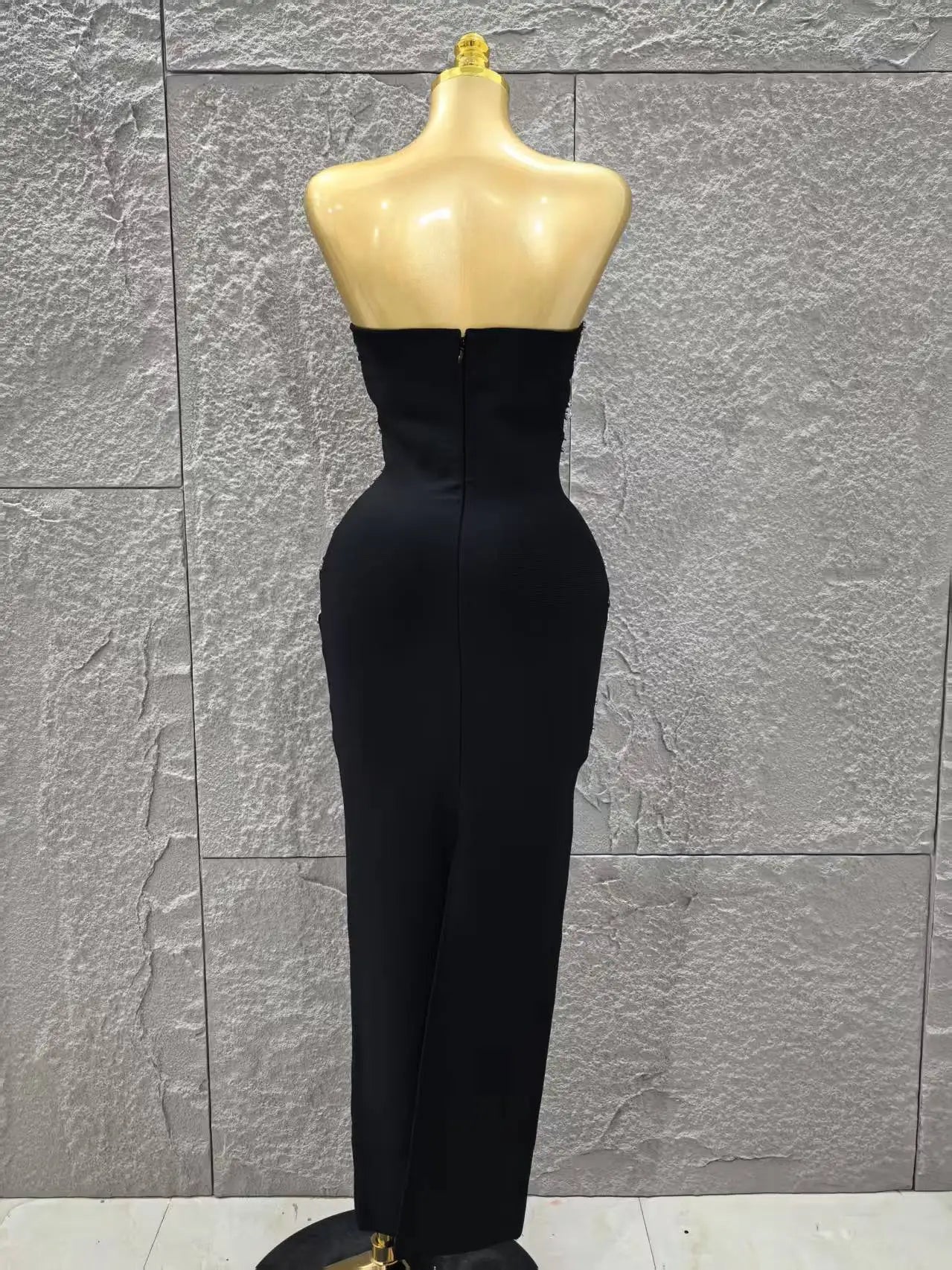 Black Color Women Sexy Strapless Shinning Crystal Mesh Holes Bodycon Bandage Long Dress Celebrate Evening Party Outfit