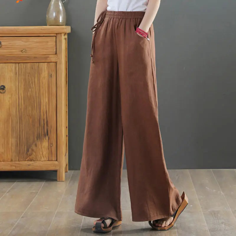 Cotton Linen Wide Leg Pants 4xl Big Size Trousers Women Summer Elastic Waist Casual Ankle-length Pantalones Baggy Sweatpant brown