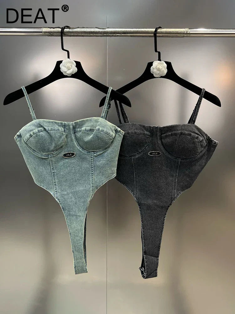 DEAT Sexy Strapless Jumpsuit Vintage Off Shoulder Denim Sling Women Solid Color Streetwear Personality Tops Spring 11XX2290