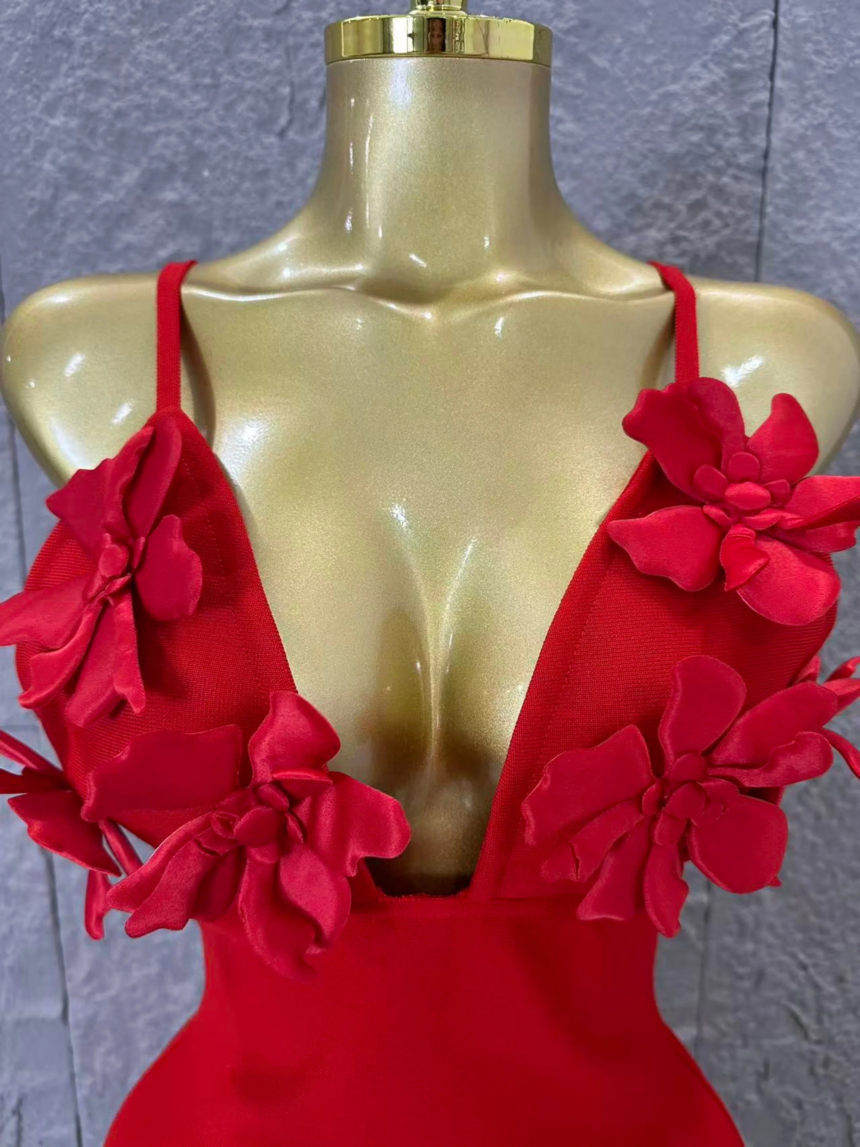 Sexy Deep V Red 3D Flower Applique Dress Slim Fit Bodycon Bandage Night Out Wedding Guest Club Cocktail Evening Party Outfit
