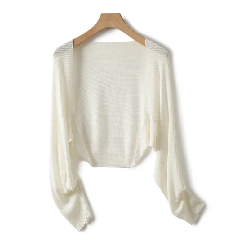 Linen "Ice Silk" Women Sun Protection Cover Ups Long Sleeve Knitted Shawl Thin Summer Relax Cardigan Cape Outerwear Shirt Loose White Onesize (M)