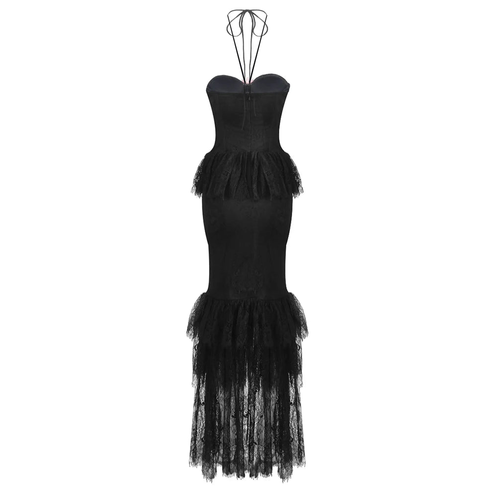 Women Celebrity Sexy Backless Halter Black Lace Flower Maxi Long Gowns Dress 2025 Elegant Evening Party Club Vestido