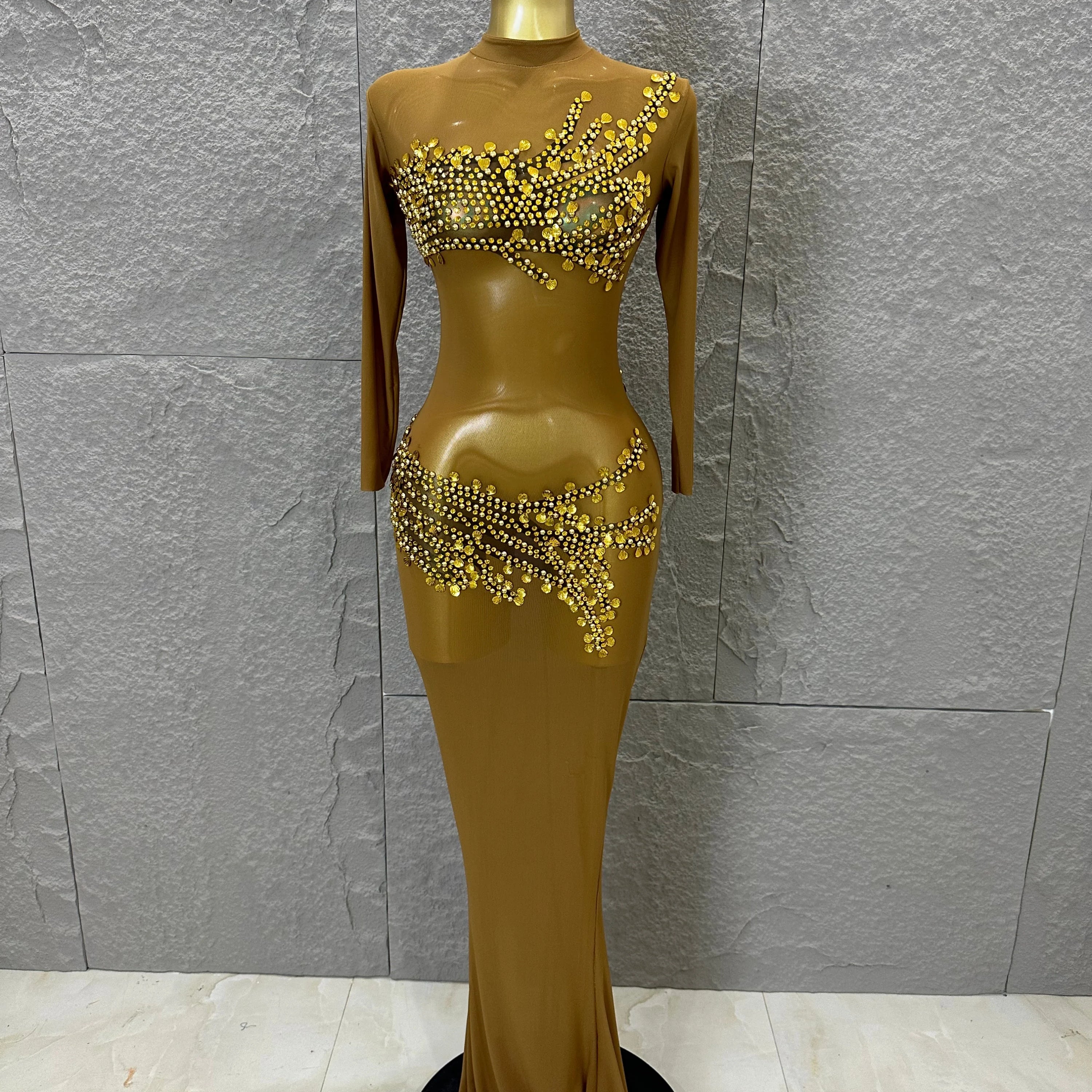 Sexy 2026 Black Sheer Mesh Maxi Dress Women Long Sleeve High Neck Red Rhinestone Embellished Bodycon Stage Costume Gold