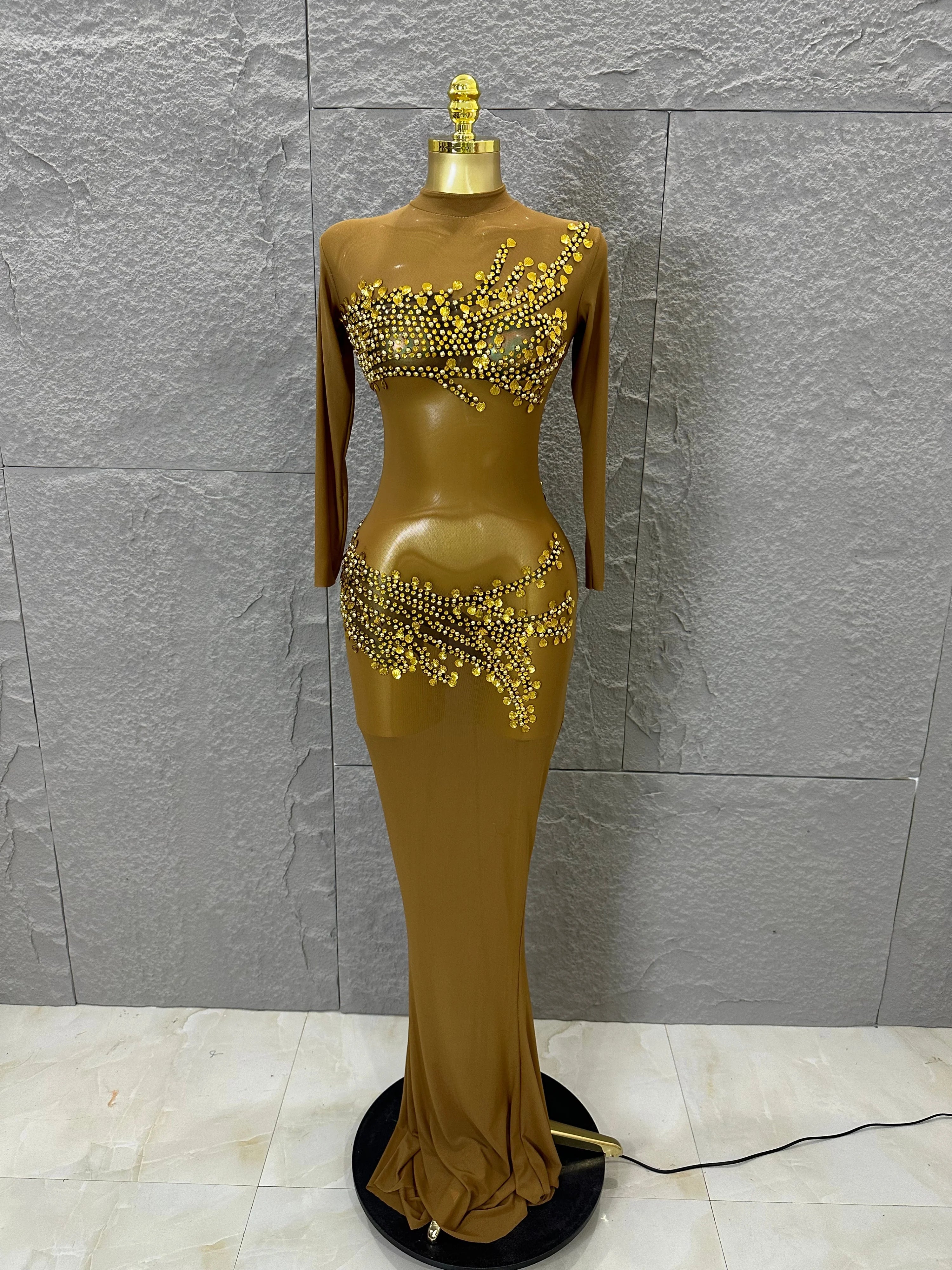 Sexy 2026 Black Sheer Mesh Maxi Dress Women Long Sleeve High Neck Red Rhinestone Embellished Bodycon Stage Costume Gold