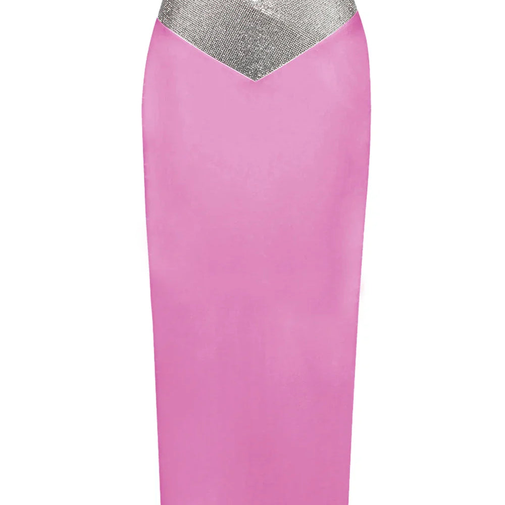 Women Crystal Diamonds White Black Bodycon Midi Bandage Skirt Designer High Waist Party Club Pencil Skirt 77cm Pink