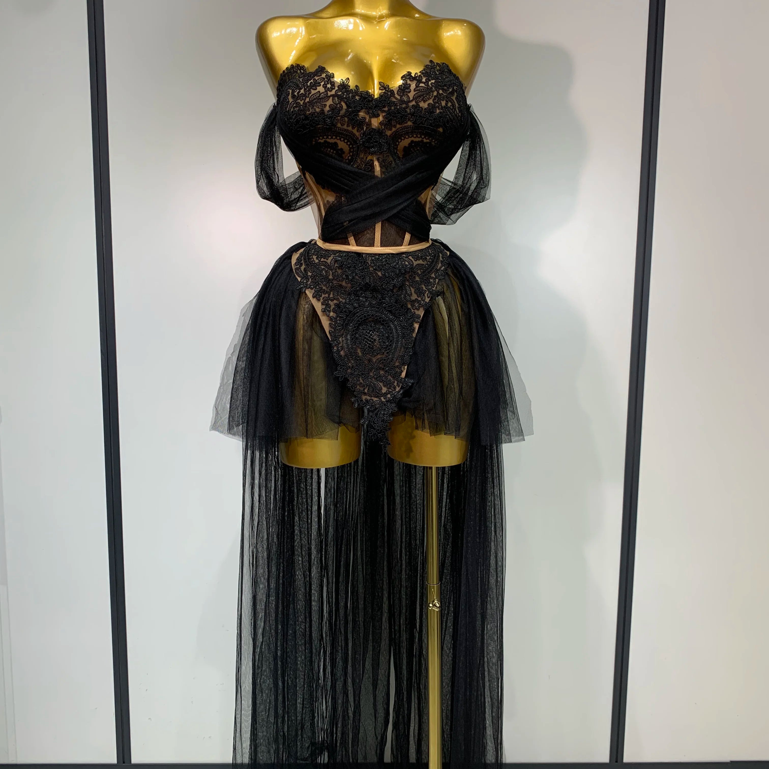 2025 New Arrived Sexy Cute Mesh Tops Skirt 2 PCS Set Women Celebrate Party Birthday Nightclub Performance Stage Show Outfit black