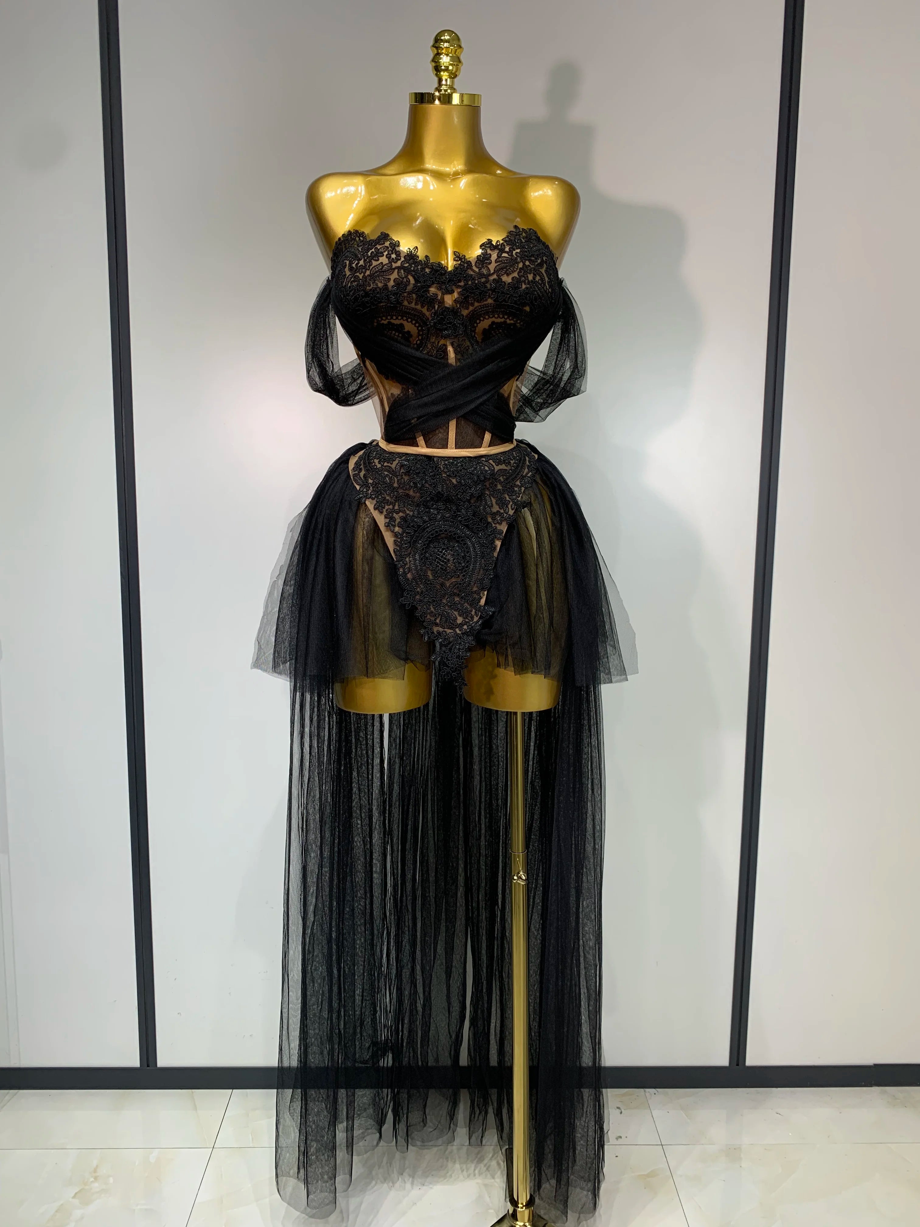 Sexy Backless Mesh Top Skirt Two Pieces Set Celebrate Festival Performance Costume Luxury Birthday Evening Party Design Dress black