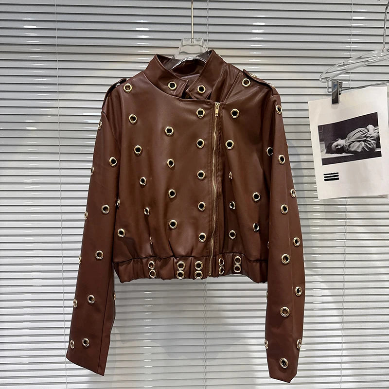 Winter New Fashion Style Metal Ring Rivet Design Heavy Leather Jacket For Women High Street Short Coat Female 11A07836