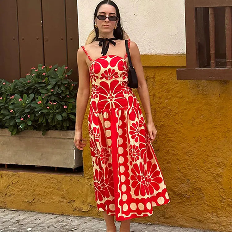 Fashion Red Print Spaghetti Strap Dress Women Sexy Backless Sleeveless Sling Robe Summer Female Casual Party Beach Vestidos red