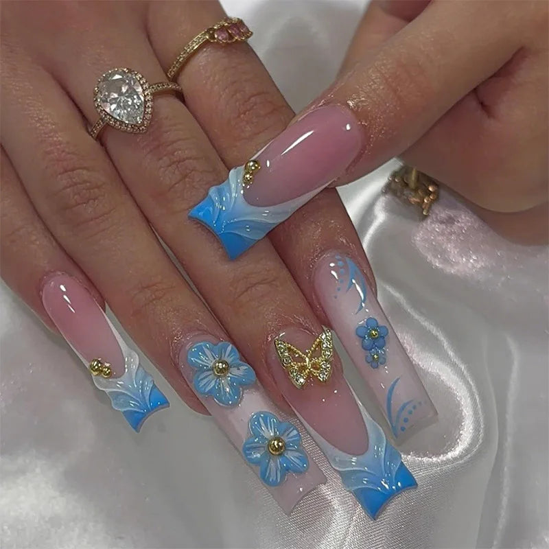 24Pcs Long Coffin Blue False Nails Set Shiny 3D Metal Butterfly Rhinestones Design Nail Tips Art Wearing French Manicure Tools 1