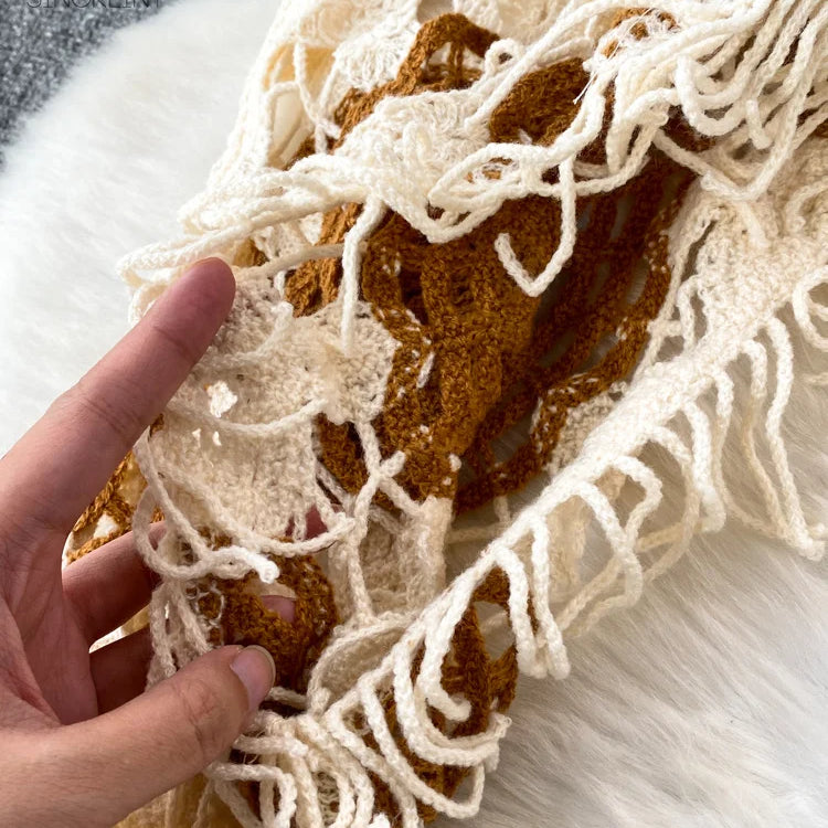 SINGREINY Sunscreen Hook Summer Knit Top Women Elegant O Neck Hollow Out Lantern Sleeve Ladies Vacation Tassel Beach Blouse