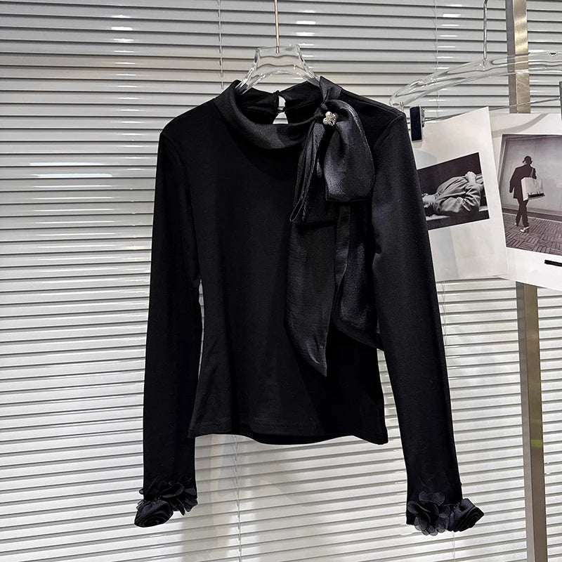 Winter New Elegant Temperament Rhinestone Buckle Bow Tie Long Sleeve T-Shirt For Women Solid Color Tops 11A07897 Black