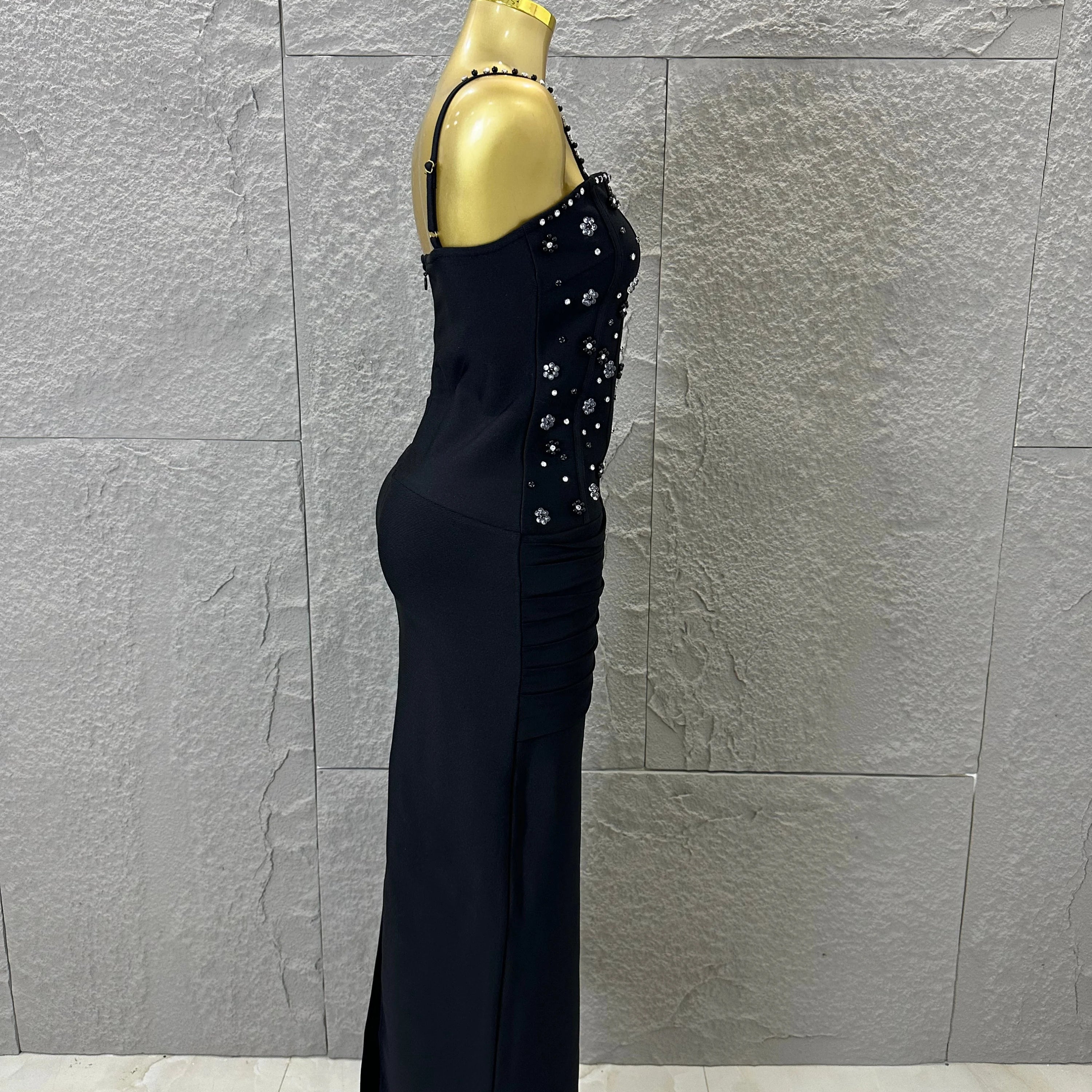Luxury Black Beaded Corset Maxi Dress Spaghetti Strap Ruched Draped Skirt Formal Gala Evening Cocktail Photoshoot Party Dress