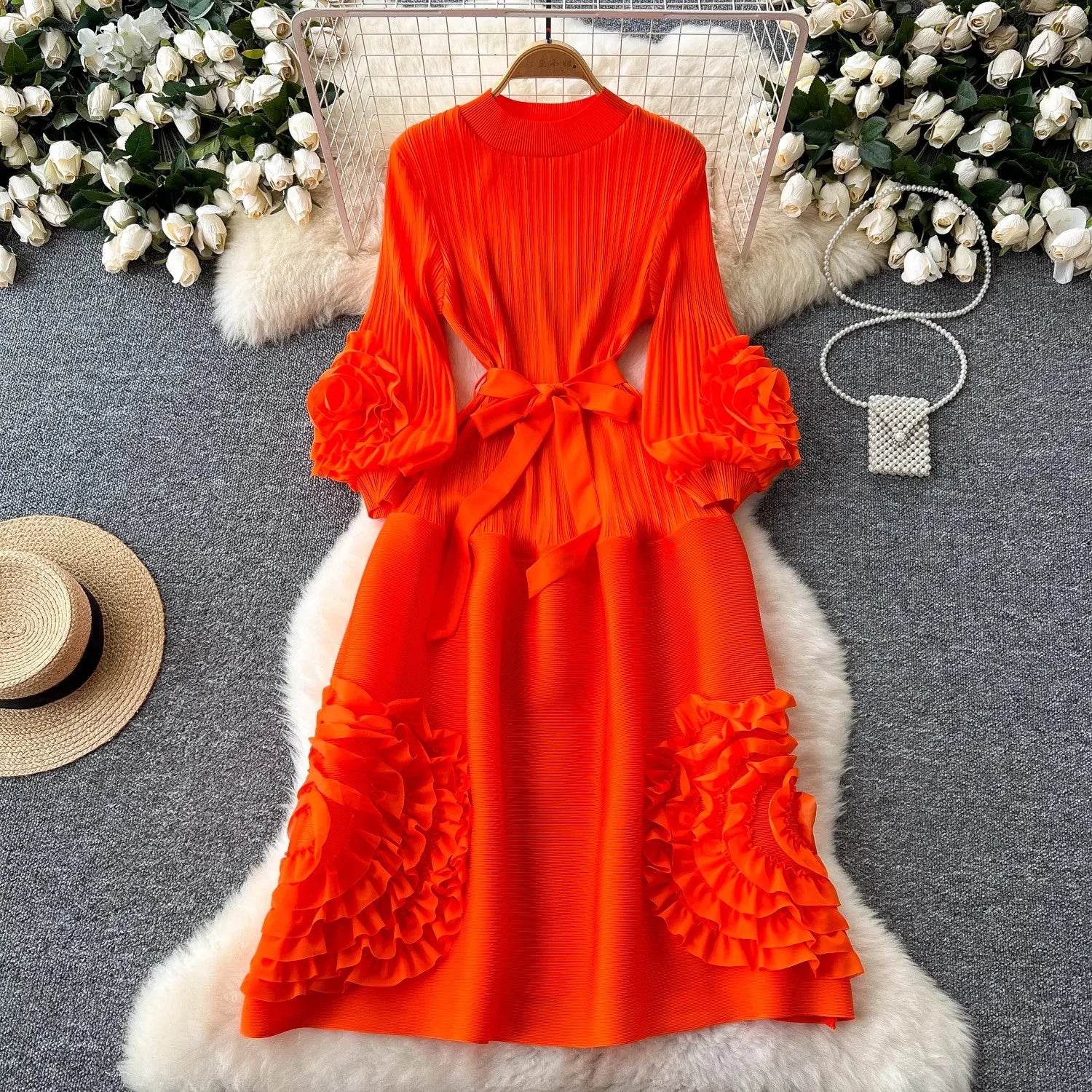 New Miyake High End Tied Up Oversize Pleated Long Robes Turtleneck Bubble Petal Sleeves High Waist Formal Dresses Women Clothing as picture 8 One Size