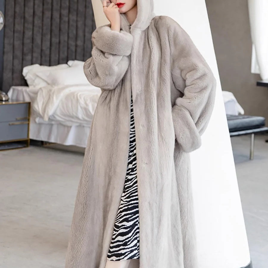 Lautaro Autumn Winter Long Luxury Elegant Thick Warm Fluffy Soft Faux Mink Fur Coat Women with Hood Loose Furry Overcoat 2025 Silver-blue