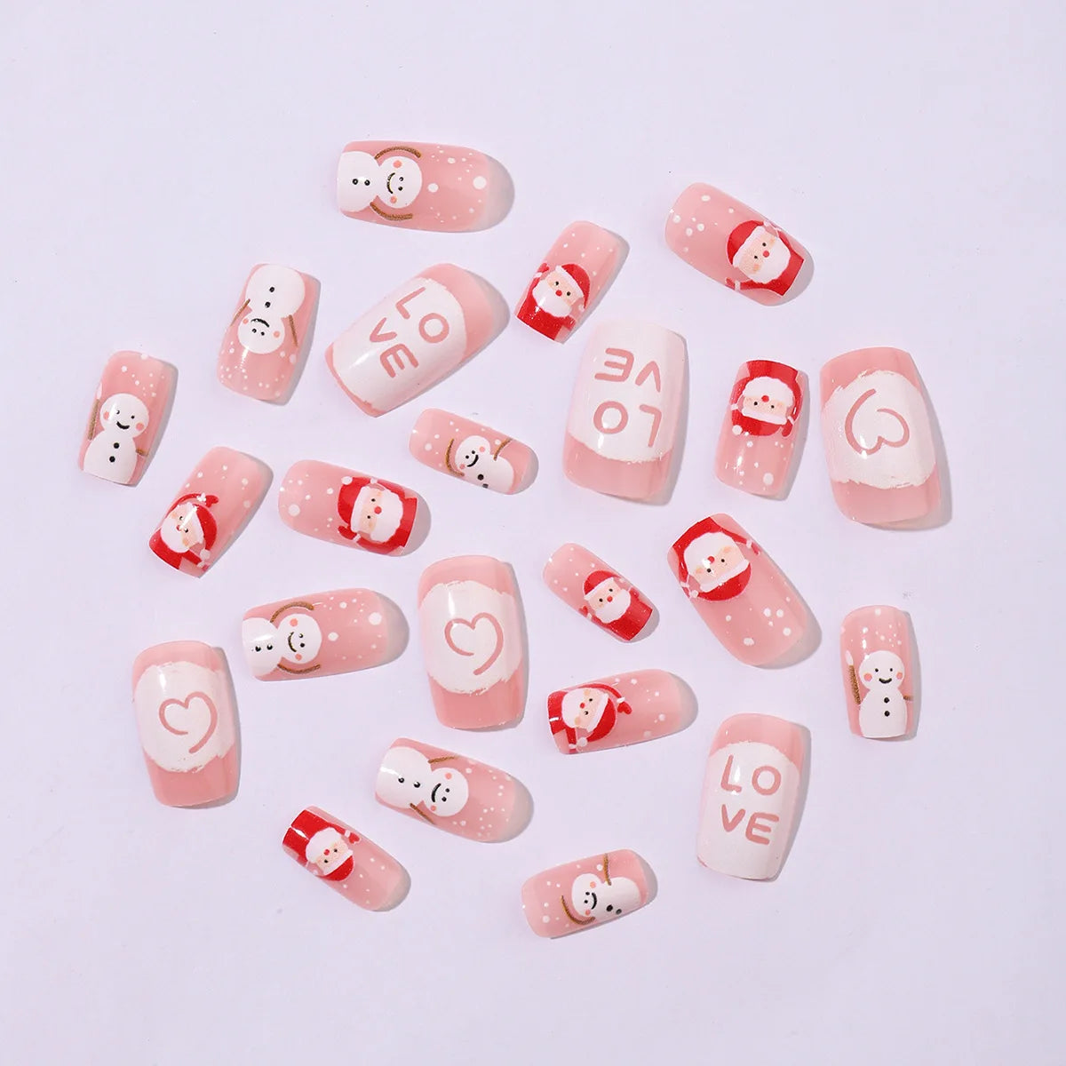Cartoon Santas/Snowman Christmas Fake Nails 24Pcs Short Square Nude Pink Press On Nails Love Printed New Year Party Nails Art