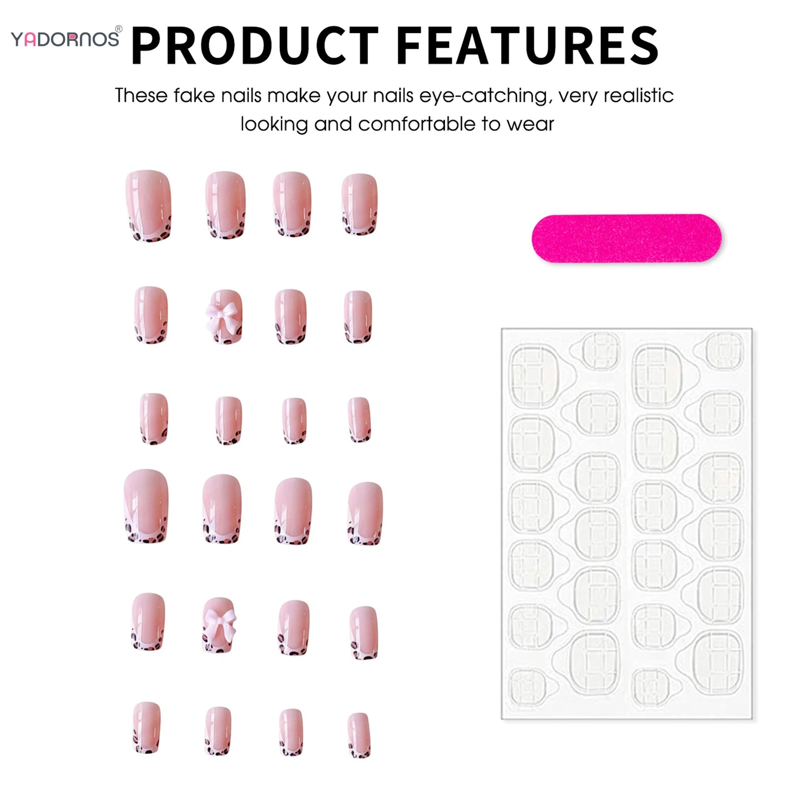 Nude Pink Color Fake Nails 24Pcs Leopard Printed French Press On Nail 3D Bowknot Decor Spicy Girls Charm Manicure Nails Supplies