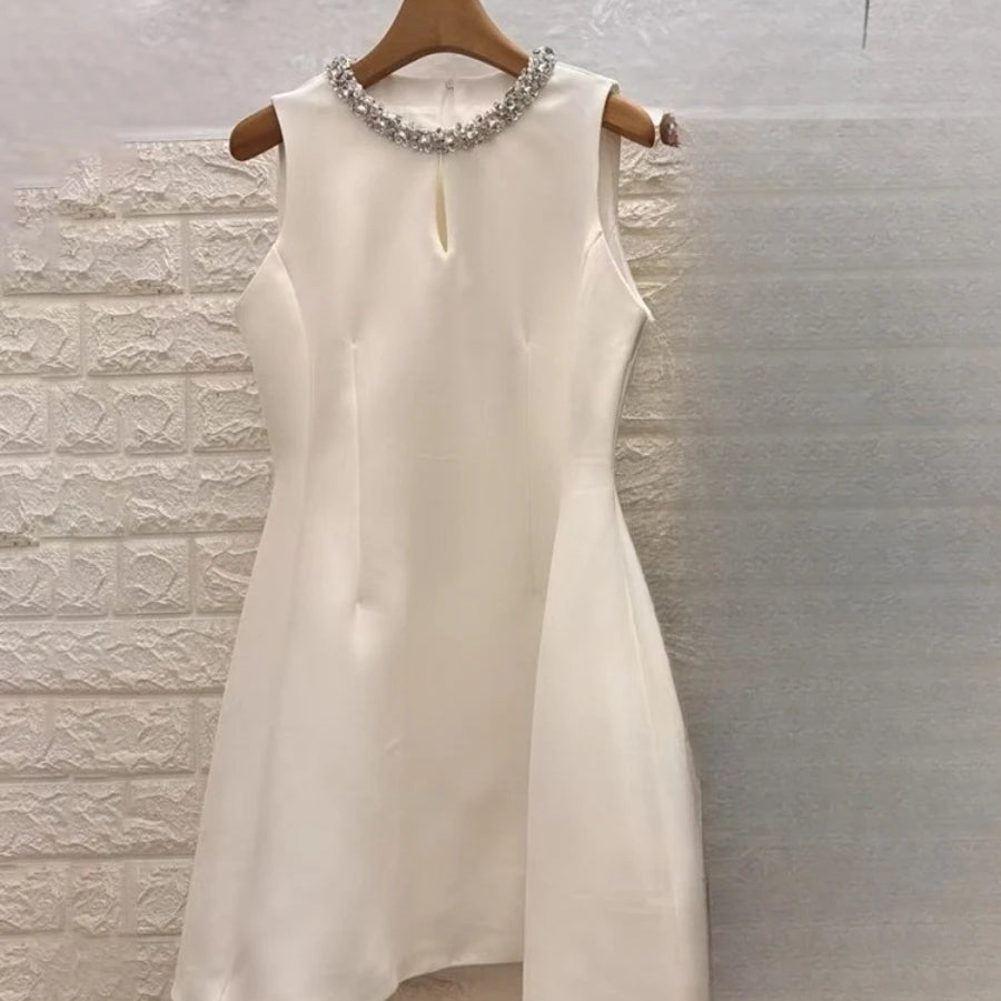 Solid Slimming Spliced Bead Elegant Dresses for Women Round Neck Sleeveless Hollow Out Patchwork Folds Dress Female WHITE