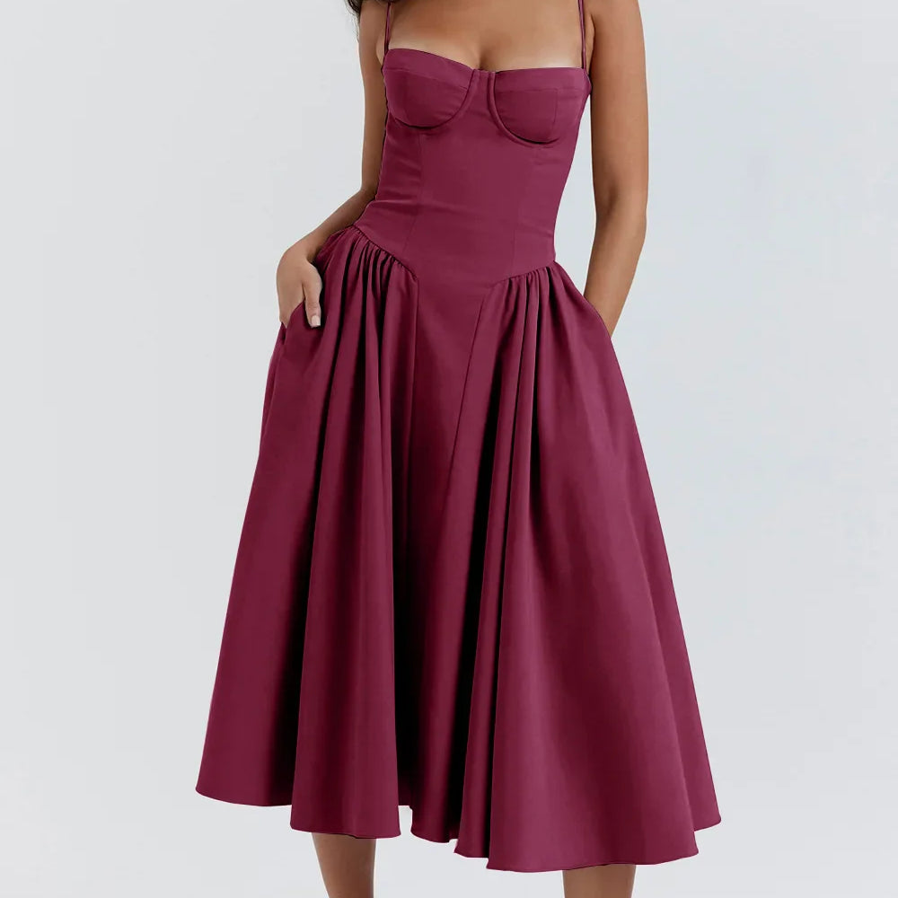 Women Sexy Solid Sling Midi Dress Fashion Sleeveless Backless Pleated Hem Dresses Summer Female Party Evening A-line Robes Plum Red