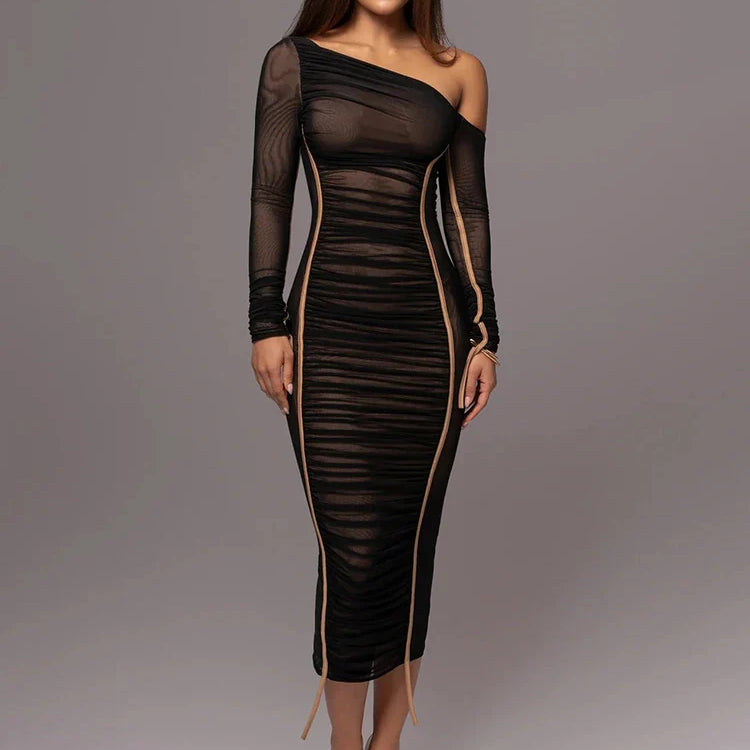 Diagonal Collar Long Sleeve Midi Dress For Women Two Layer Mesh Backless Ruched Bodycon Club Party Sexy Long Dress Black