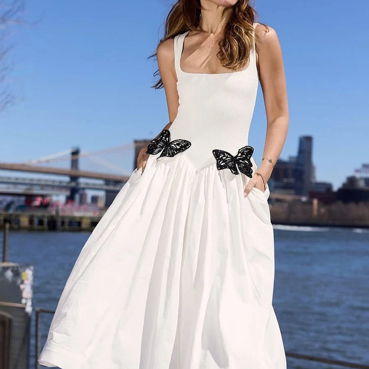 Fresh White Spaghetti Sleeveless Square-Neck with Lace Butterfly Details Midi Dress for Garden Party Gown