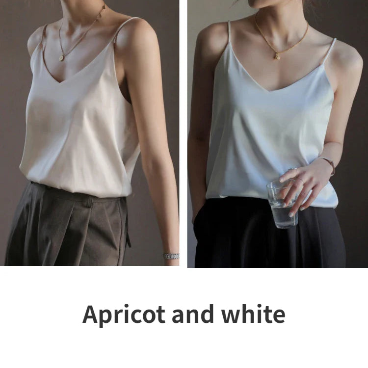 Grey Camisoles for Women Acetate SATIN Loose Summer Spaghetti Strap Tank Top Solid V-neck Fashion Sexy Backless Tanks & Camis Apricot and white