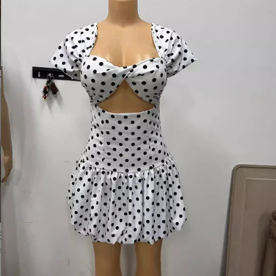 Women Dot Printed Draped Big Swing Waist Dress 2025 Short Sleeve Evening Sexy Club Party Evening High Street Dresses