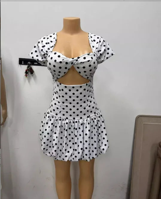 Women Dot Printed Draped Big Swing Waist Dress 2025 Short Sleeve Evening Sexy Club Party Evening High Street Dresses